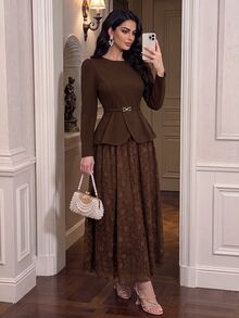 Modelyn Spring/Autumn Elegant Fashion Commute Gentle Style Waist-Cinching Slimming Lace Flared Skirt Concealing Flaws Women's 2-Piece Set - Brown - View 11