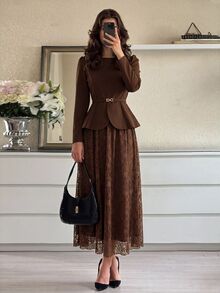 Modelyn Spring/Autumn Elegant Fashion Commute Gentle Style Waist-Cinching Slimming Lace Flared Skirt Concealing Flaws Women's 2-Piece Set - Brown - View 9