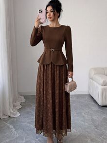 Modelyn Spring/Autumn Elegant Fashion Commute Gentle Style Waist-Cinching Slimming Lace Flared Skirt Concealing Flaws Women's 2-Piece Set - Brown - View 7