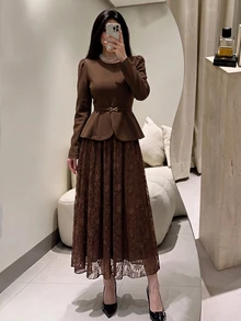 Modelyn Spring/Autumn Elegant Fashion Commute Gentle Style Waist-Cinching Slimming Lace Flared Skirt Concealing Flaws Women's 2-Piece Set - Brown - View 2