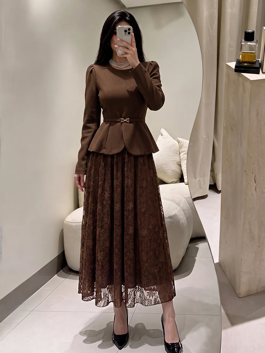 Modelyn Spring/Autumn Elegant Fashion Commute Gentle Style Waist-Cinching Slimming Lace Flared Skirt Concealing Flaws Women's 2-Piece Set