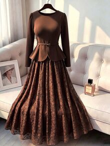 Modelyn Spring/Autumn Elegant Fashion Commute Gentle Style Waist-Cinching Slimming Lace Flared Skirt Concealing Flaws Women's 2-Piece Set - Brown - View 13