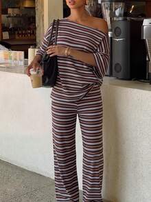 Siren Gaze 95%棉女款休閒單肩寬鬆T恤與長褲兩件套，條紋套裝，女款休閒服飾，優雅 - 彩色 - 查看 6