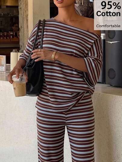 Siren Gaze 95% Cotton Women's Casual One-Shoulder Loose T-Shirt And Pants 2 Pieces Set, Striped Outfit, Women's Casual Wear, Elegant, 2000s Style, Y2K, Women's Commute Outfit, Sexy, Country Style, Chic, Basic, Halloween, Christmas, New Year, Party, Wedding, Outing