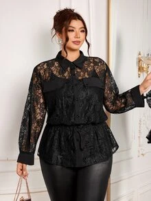 Modelyn Plus Size Women's Fashion Elegant Sexy Black Floral Lace Blouse, Cinched Waist Design Lace Shirt, Summer Halloween Night Party - Black - View 3