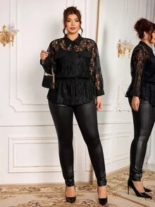 Modelyn Plus Size Women's Fashion Elegant Sexy Black Floral Lace Blouse, Cinched Waist Design Lace Shirt, Summer Halloween Night Party - Black - View 4