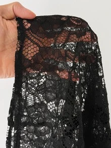 Modelyn Plus Size Women's Fashion Elegant Sexy Black Floral Lace Blouse, Cinched Waist Design Lace Shirt, Summer Halloween Night Party - Black - View 6