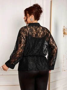Modelyn Plus Size Women's Fashion Elegant Sexy Black Floral Lace Blouse, Cinched Waist Design Lace Shirt, Summer Halloween Night Party - Black - View 2