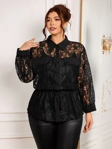 Modelyn Plus Size Women's Fashion Elegant Sexy Black Floral Lace Blouse, Cinched Waist Design Lace Shirt, Summer Halloween Night Party - Black - View 1