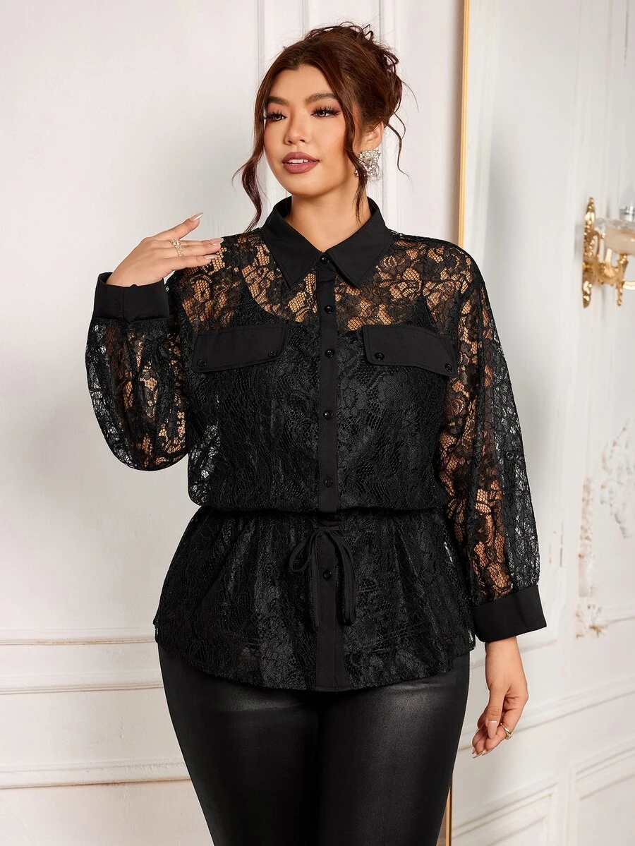 Modelyn Plus Size Women's Fashion Elegant Sexy Black Floral Lace Blouse, Cinched Waist Design Lace Shirt, Summer Halloween Night Party - Black - View 1