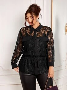 Modelyn Plus Size Women's Fashion Elegant Sexy Black Floral Lace Blouse, Cinched Waist Design Lace Shirt, Summer Halloween Night Party - Black - View 5