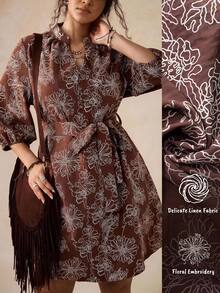 Nubod Plus Size Women's Floral Print 3/4 Sleeve V-Neck Elegant 1920 Vintage 70's Dress Autumn Brunch Party Brown - Coffee Brown - View 10