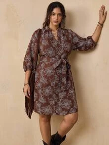 Nubod Plus Size Women's Floral Print 3/4 Sleeve V-Neck Elegant 1920 Vintage 70's Dress Autumn Brunch Party Brown - Coffee Brown - View 3