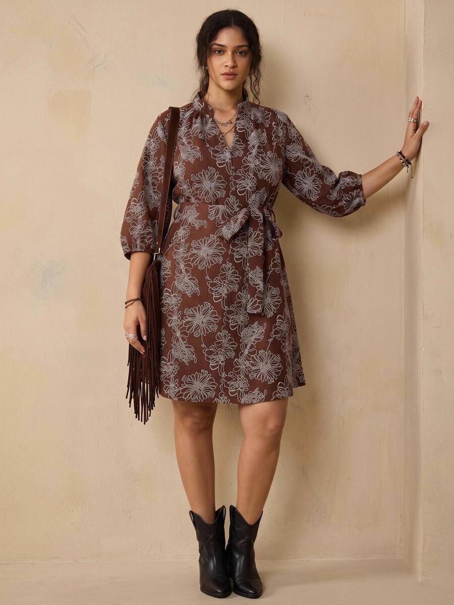 Nubod Plus Size Women's Floral Print 3/4 Sleeve V-Neck Elegant 1920 Vintage 70's Dress Autumn Brunch Party Brown - Coffee Brown - View 1