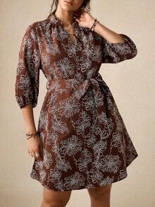 Nubod Plus Size Women's Floral Print 3/4 Sleeve V-Neck Elegant 1920 Vintage 70's Dress Autumn Brunch Party Brown - Coffee Brown - View 4
