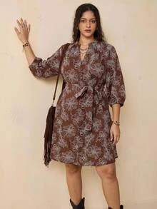 Nubod Plus Size Women's Floral Print 3/4 Sleeve V-Neck Elegant 1920 Vintage 70's Dress Autumn Brunch Party Brown - Coffee Brown - View 9