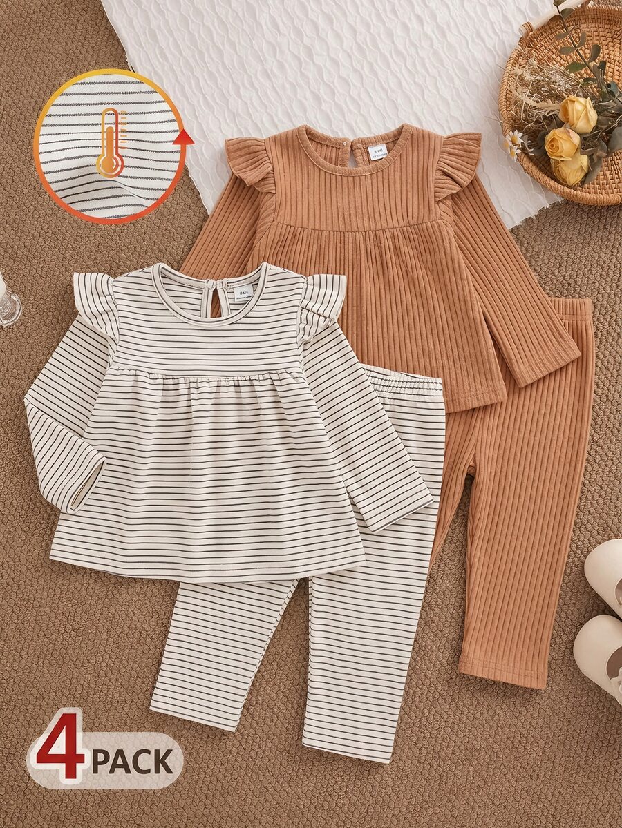 SHEIN 4pcs Baby Girl Khaki + Apricot Ribbed Fuzzy Knit Ribbed Soft Fabric Long Sleeve Round Neck Ruffle Trim Top & Pants Casual Fashion Warm Korean Style Outfit Set, Suitable For Autumn/Winter Daily Wear And Various Occasions Versatile Styling - Multicolor - View 1