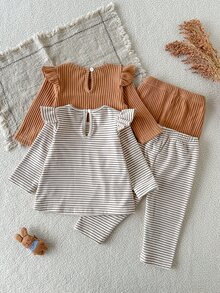 SHEIN 4件組女嬰卡其色+杏色羅紋毛絨針織軟布長袖圓領荷葉邊上衣與長褲休閒時尚保暖韓風套裝，適合秋冬日常穿著與多種場合百搭造型 - 彩色 - 查看 3