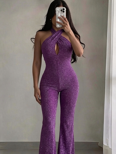 SHEIN SXY Mono De Fiesta Cruzado Y Halter Brillante Para Mujer