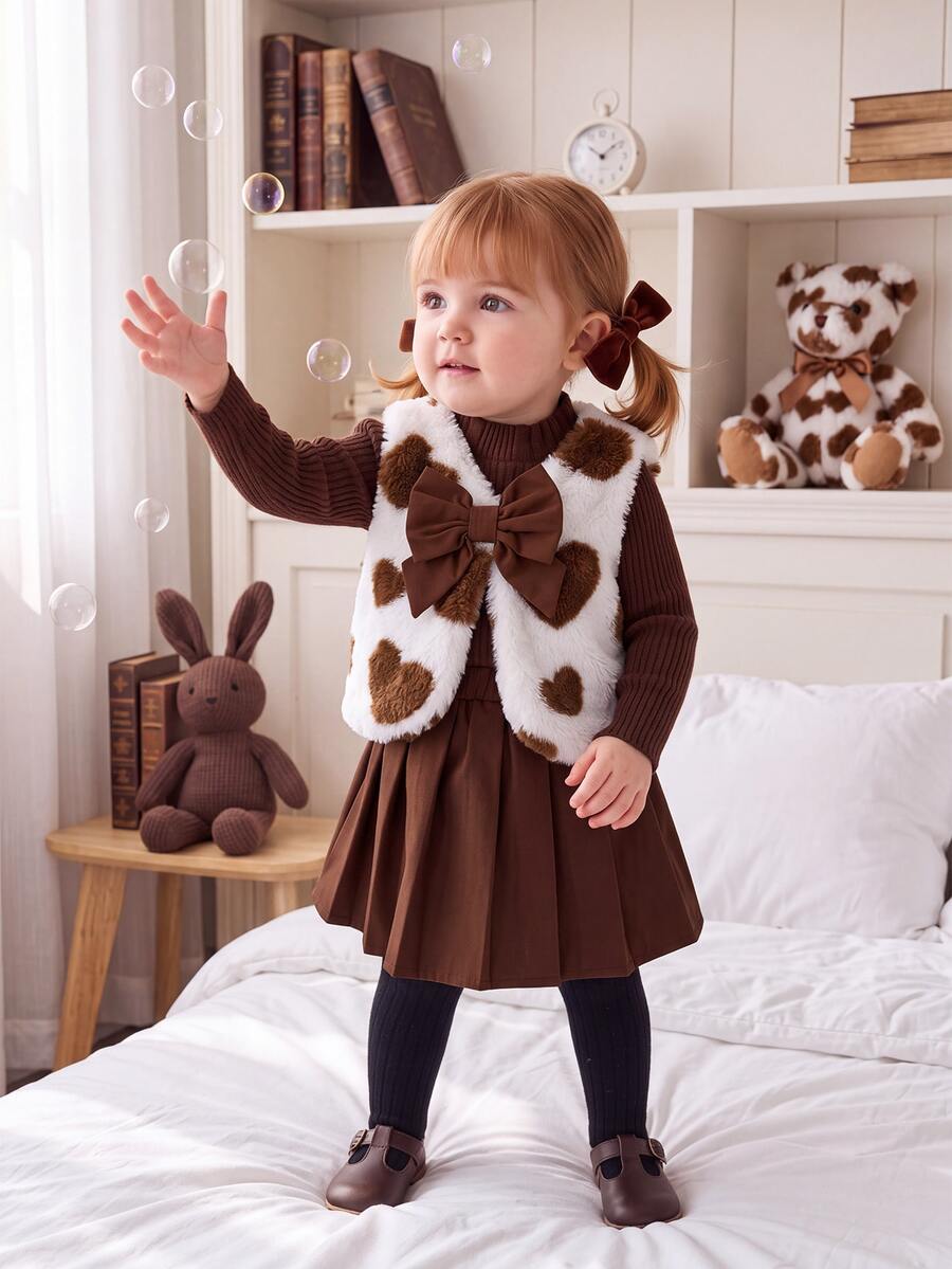 SHEIN Baby Girl Bow Decor Vest, Solid Color Long Sleeve Top And Pleated Skirt Set - Brown - View 1