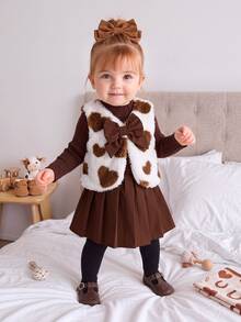 SHEIN Baby Girl Bow Decor Vest, Solid Color Long Sleeve Top And Pleated Skirt Set - Brown - View 8
