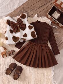 SHEIN Baby Girl Bow Decor Vest, Solid Color Long Sleeve Top And Pleated Skirt Set - Brown - View 2