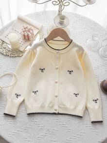 White Knitwear Cardigan,Embroidered Bow Details Round Neck,Cute Warm Soft Style For Autumn Winter School Girl Back-To-School Party Daily Wear Fall - Apricot - View 3