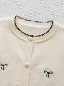 White Knitwear Cardigan,Embroidered Bow Details Round Neck,Cute Warm Soft Style For Autumn Winter School Girl Back-To-School Party Daily Wear Fall - Apricot - View 9