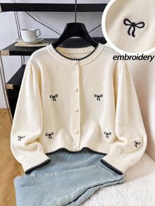 White Knitwear Cardigan,Embroidered Bow Details Round Neck,Cute Warm Soft Style For Autumn Winter School Girl Back-To-School Party Daily Wear Fall - Apricot - View 1