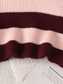 SHEIN Young Girl Autumn/Winter Casual Colorblock Burgundy Striped Short Sweater Pullover - Multicolor - View 8