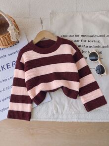 SHEIN Young Girl Autumn/Winter Casual Colorblock Burgundy Striped Short Sweater Pullover - Multicolor - View 2