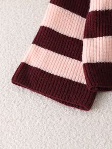 SHEIN Young Girl Autumn/Winter Casual Colorblock Burgundy Striped Short Sweater Pullover - Multicolor - View 9