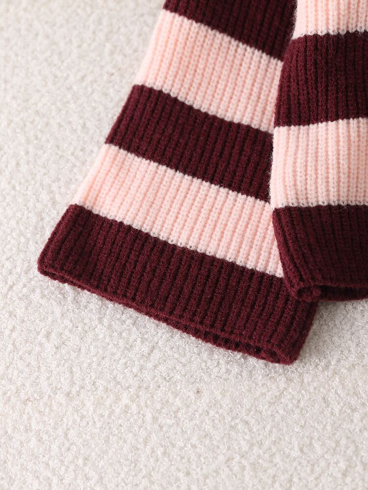 SHEIN Young Girl Autumn/Winter Casual Colorblock Burgundy Striped Short Sweater Pullover - Multicolor - View 8