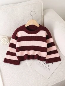 SHEIN Young Girl Autumn/Winter Casual Colorblock Burgundy Striped Short Sweater Pullover - Multicolor - View 4