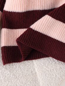SHEIN Young Girl Autumn/Winter Casual Colorblock Burgundy Striped Short Sweater Pullover - Multicolor - View 7