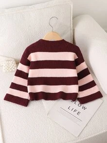 SHEIN Young Girl Autumn/Winter Casual Colorblock Burgundy Striped Short Sweater Pullover - Multicolor - View 3