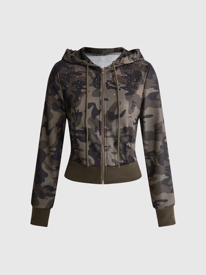 Sudadera con capucha casual de mujer estilo Y2K Grunge Gyaru verde oliva con strass y camuflaje para streetwear y salidas nocturnas de primavera
