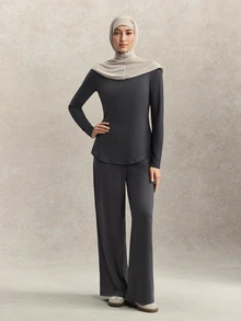 Activina Women's Muslim Modest Autumn Long Sleeve Activewear Top Loose Crew Neck Mesh Panel Yoga Gym Running Grey Fitness Gym Middle East Sun Protection - Grey - View 6