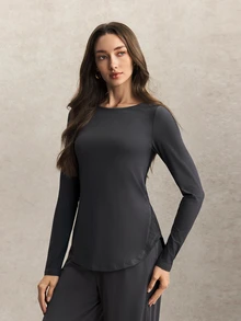 Activina Women's Muslim Modest Autumn Long Sleeve Activewear Top Loose Crew Neck Mesh Panel Yoga Gym Running Grey Fitness Gym Middle East Sun Protection - Grey - View 5