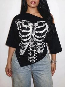 Slaydiva 萬聖節骷髏龐克 Y2K 哥德風 Anti Social 音樂節大尺碼不對稱單肩 T-shirt，適合派對、夜晚、黑色夏季 - 彩色 - 查看 7