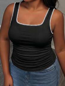 Slaydiva Top y camiseta de tirantes de mujer talla grande con decoración de flor de concha hecha a mano, de estilo minimalista y casual, adecuado para el verano, festivales de música, Y2K - Negro - Ver 3