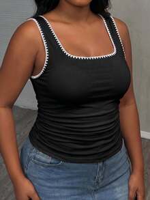 Slaydiva Top y camiseta de tirantes de mujer talla grande con decoración de flor de concha hecha a mano, de estilo minimalista y casual, adecuado para el verano, festivales de música, Y2K - Negro - Ver 4