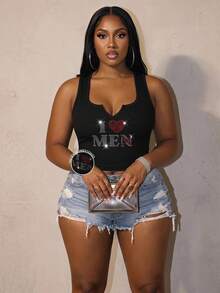 Slaydiva Casual Minimalist Rhinestone "I Love Myself" Cropped Tank Top, Suitable For Summer, Back To School, Music Festivals, Plus Size - Multicolor - View 1
