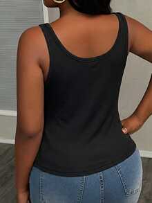 Slaydiva Basic Deep U-Neck Narrow Ribbed Women's Plus Size Regular Tank Top, Black Ribbed Fabric With Built-In Bra Pads, Ruched Side Details - Black - View 3