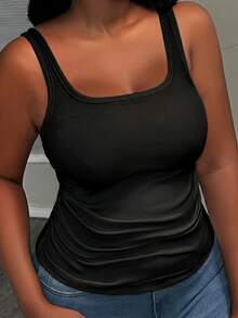 Slaydiva Basic Deep U-Neck Narrow Ribbed Women's Plus Size Regular Tank Top, Black Ribbed Fabric With Built-In Bra Pads, Ruched Side Details - Black - View 7
