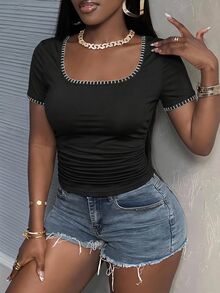 Slaydiva 大尺碼休閒性感極簡貝殼刺繡加厚T恤 外出夜生活黑色夏季款 - 黑色 - 查看 7