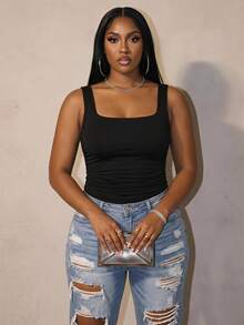 Slaydiva Plus Size Women's Minimalist Black Square Neck Tight Camisole, Versatile For Summer - Black - View 1