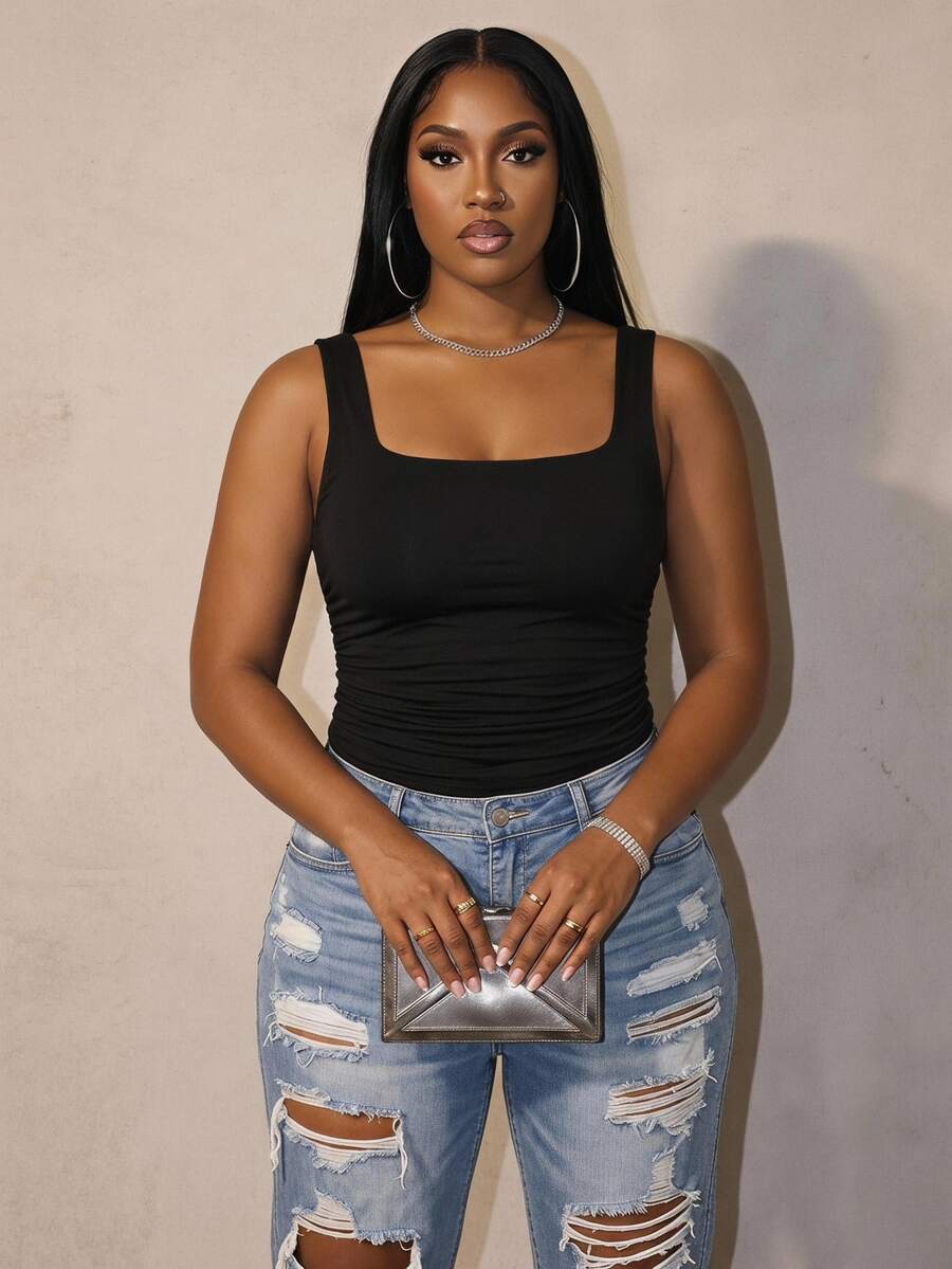 Slaydiva Plus Size Women's Minimalist Black Square Neck Tight Camisole, Versatile For Summer - Black - View 1