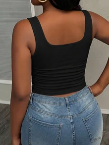 Slaydiva Plus Size Women's Minimalist Black Square Neck Tight Camisole, Versatile For Summer - Black - View 2