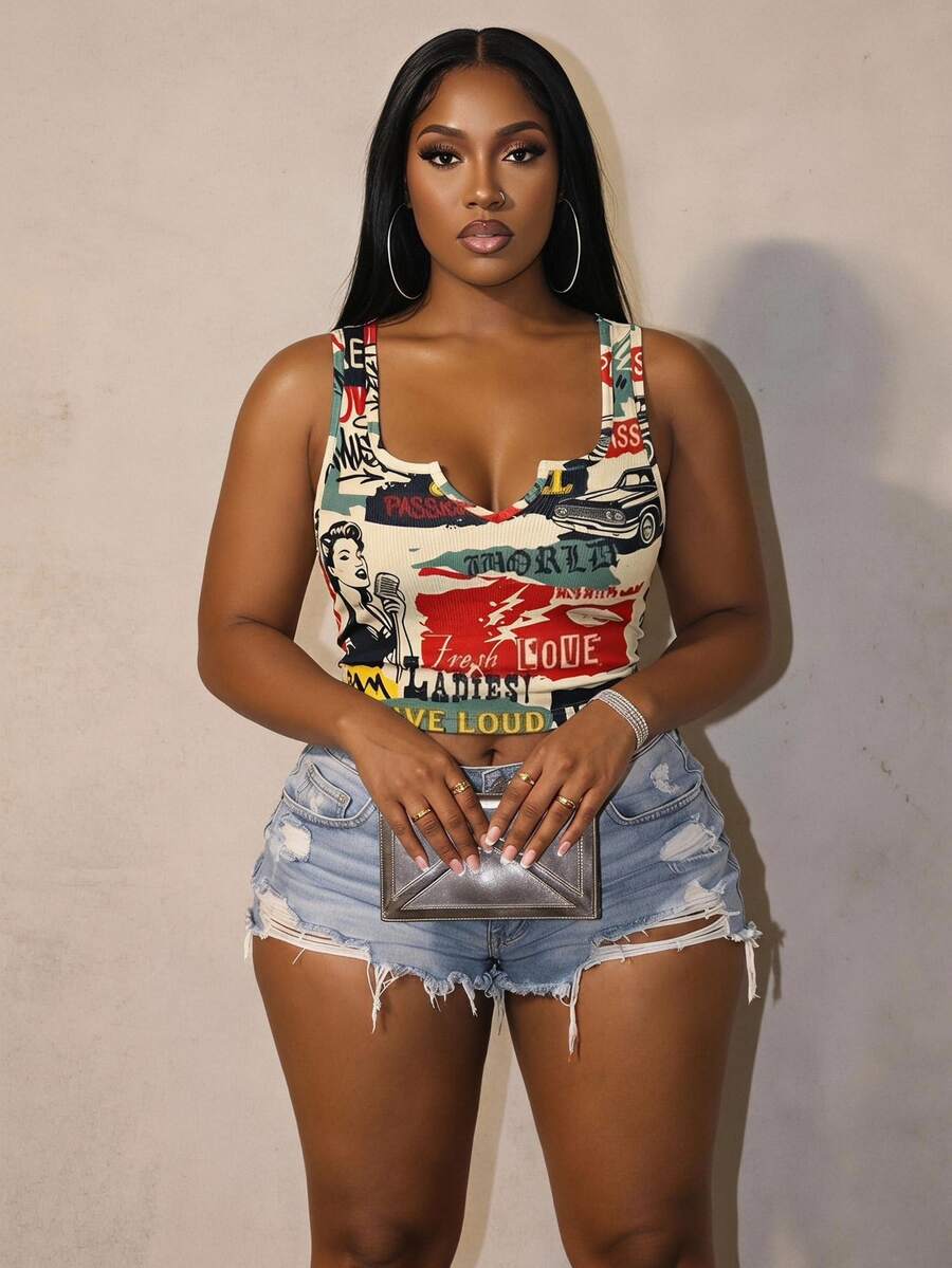 Slaydiva Plus Size Letter Figure Print Tight Camisole Casual 70's 90s Cowboy Streetwear Minimalist Style Summer Music Festival Beige Concert Vacation Office - White - View 1